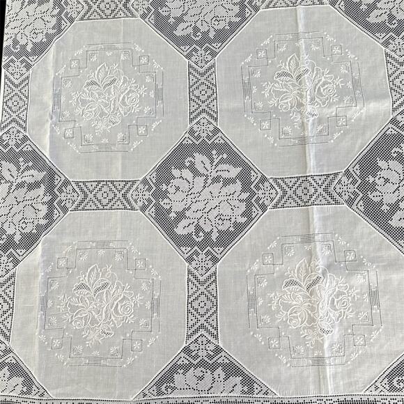 Vintage Army Navy Filet Lace Tablecloth 64x109 White Cotton Whitework Embroidery - Picture 2 of 5